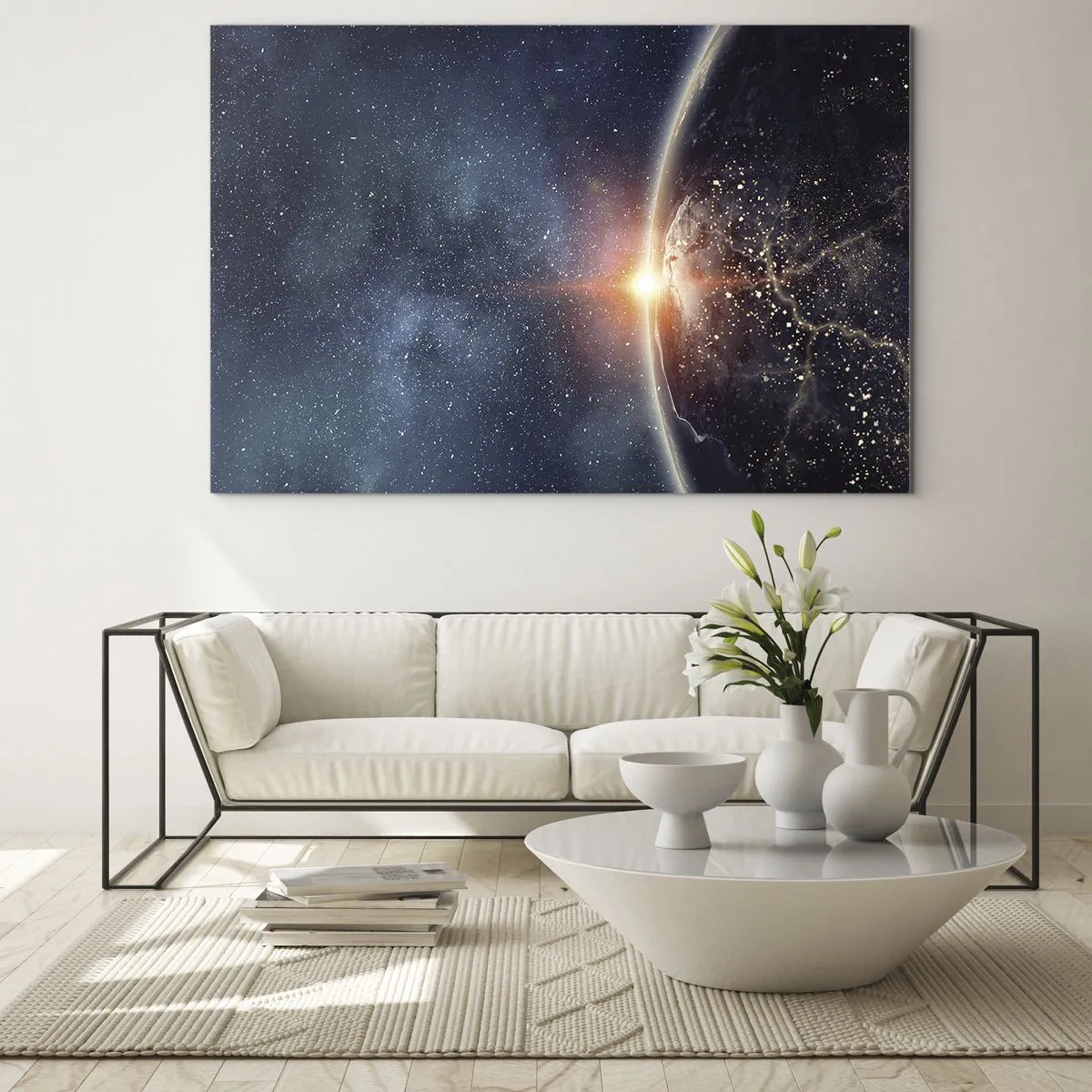Quadro su vetro - La Terra illuminata dai raggi del sole nello spazio - 120x80cm - In una nuova prospettiva - Decorazione murale moderna per soggiorno e camera da letto ARTTOR