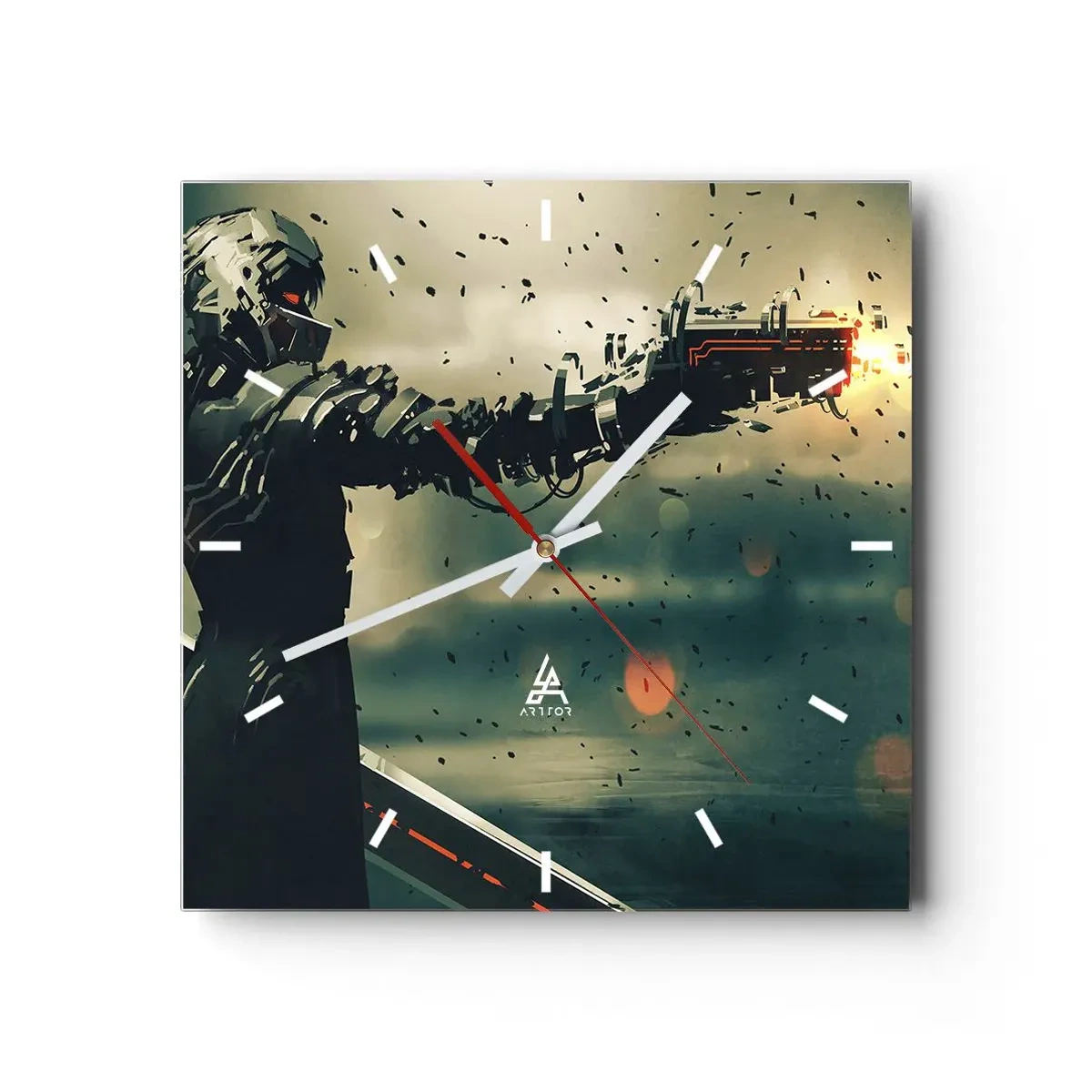 Orologio da parete - Orologio in Vetro - Guerriero cibernetico con armi futuristiche - 30x30cm - L'arma assassina: il tuo Terminator - Decorazione murale moderna per soggiorno e camera da letto ARTTOR