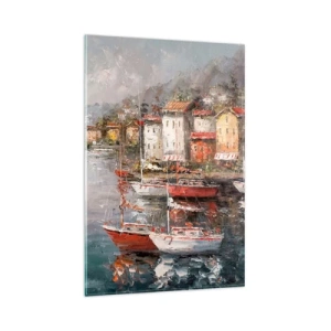 Quadro su vetro - Paesaggio marino con barche e case colorate - 80x120cm - Molo romantico - Decorazione murale moderna per soggiorno e camera da letto ARTTOR