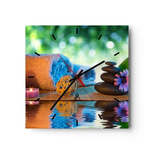 Orologio da parete - Orologio in Vetro - Set SPA rilassante con asciugamani, candele e pietre - 30x30cm - Tempo per il corpo - Decorazione murale moderna per soggiorno e camera da letto ARTTOR