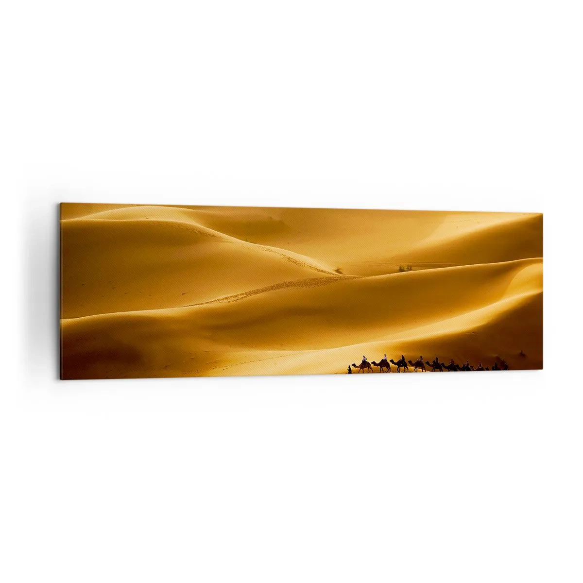 Quadro su tela - Stampe su Tela - Una carovana di cammelli vaga tra le dune dorate del deserto. - 160x50cm - La carovana sulle onde del deserto - Decorazione murale moderna per soggiorno e camera da letto ARTTOR