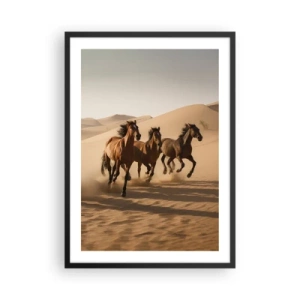 Poster in cornice nera - Cavalli al galoppo nel deserto nella calda luce del tramonto - 50x70cm - Liberi come il vento - Decorazione murale moderna per soggiorno e camera da letto ARTTOR