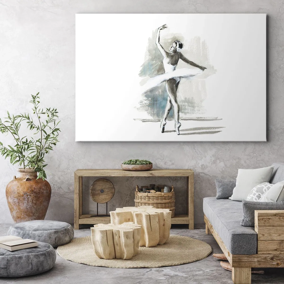 Quadro su tela - Stampe su Tela - Una ballerina in posa da balletto su uno sfondo dai delicati toni acquerellati. - 100x70cm - Tramutata in un cigno - Decorazione murale moderna per soggiorno e camera da letto ARTTOR