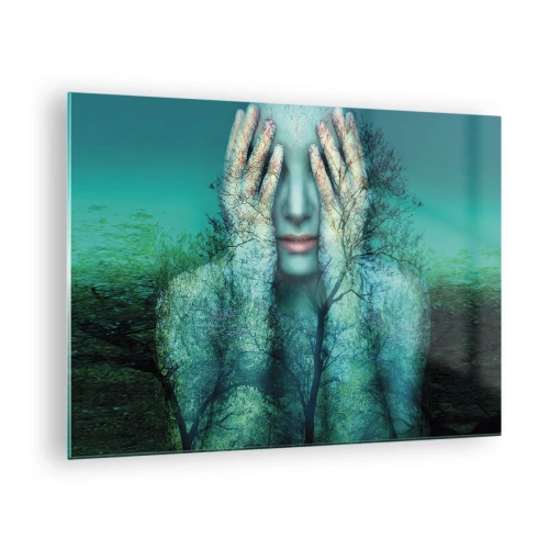 Quadro su vetro - Un volto di donna con un motivo ad albero in un'ambientazione surreale - 70x50cm - Immersa nel blu - Decorazione murale moderna per soggiorno e camera da letto ARTTOR