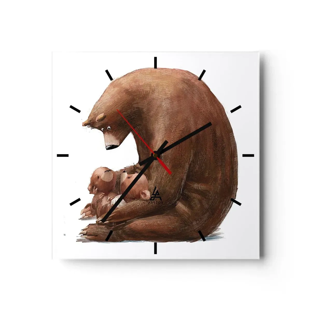 Orologio da parete - Orologio in Vetro - Un'orsa madre con due orsetti in braccio - 30x30cm - Sogni d'oro, bambini - Decorazione murale moderna per soggiorno e camera da letto ARTTOR