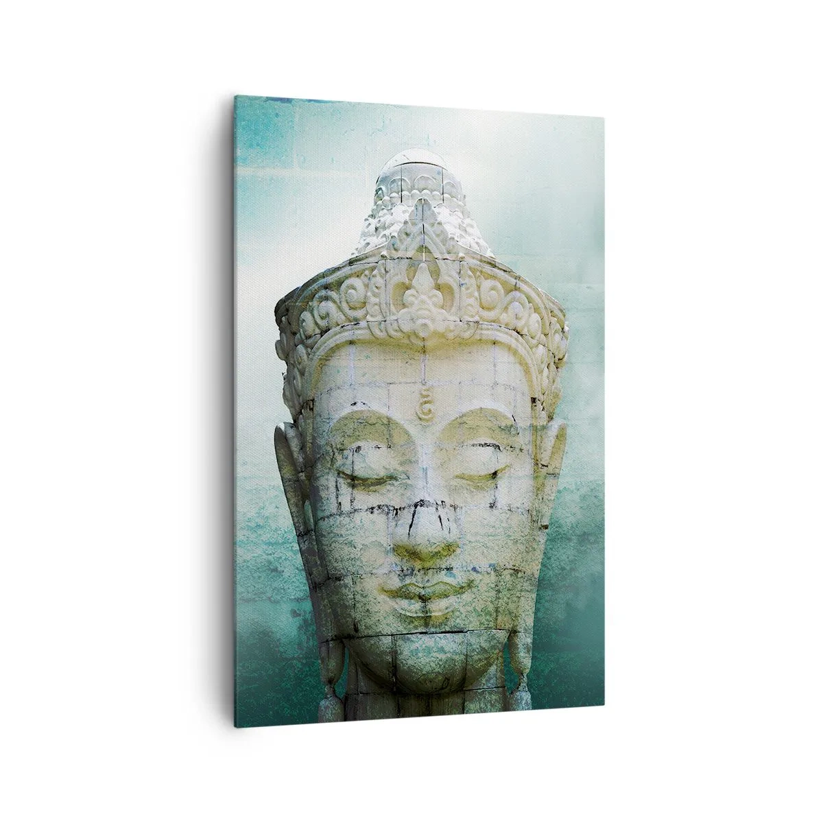 Quadro su tela - Stampe su Tela - Statua del Buddha con una leggera nebbia su uno sfondo verde - 80x120cm - Cercando la luce - Decorazione murale moderna per soggiorno e camera da letto ARTTOR