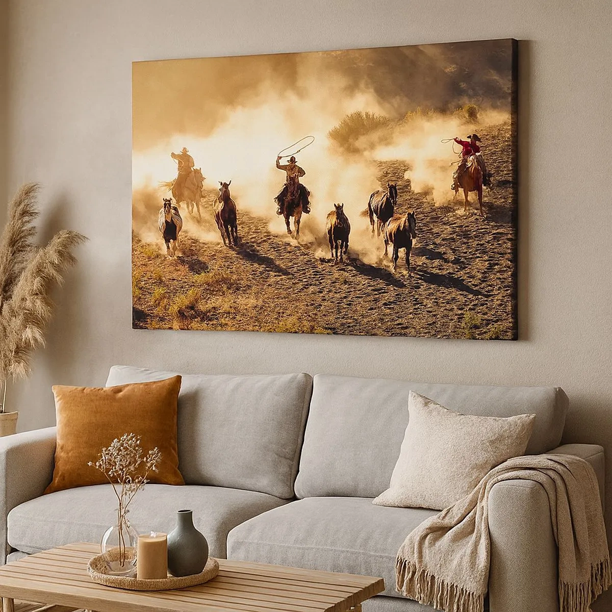 Quadro su tela - Stampe su Tela - Cowboy a cavallo in azione nel terreno desertico - 70x50cm - Il vero Far West - Decorazione murale moderna per soggiorno e camera da letto ARTTOR