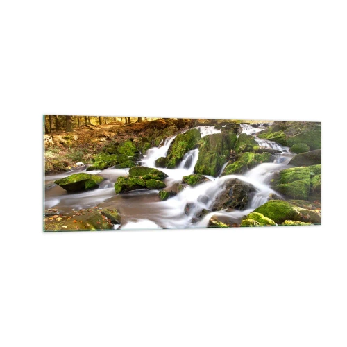 Quadro su vetro - Un paesaggio boscoso con una cascata circondata dal muschio - 140x50cm - Rapido nel bosco autunnale - Decorazione murale moderna per soggiorno e camera da letto ARTTOR