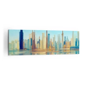 Quadro su tela - Stampe su Tela - Un panorama della città dai colori caldi con riflessi nell'acqua - 160x50cm - Metropoli assolata - Decorazione murale moderna per soggiorno e camera da letto ARTTOR