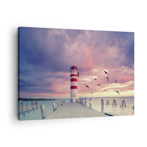 Quadro su tela - Stampe su Tela - Un faro sul molo circondato da un pittoresco tramonto - 70x50cm - Tempo di tornare in porto - Decorazione murale moderna per soggiorno e camera da letto ARTTOR