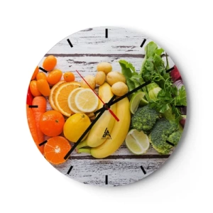 Orologio da parete - Orologio in Vetro - Frutta e verdura colorate su uno sfondo di legno - 30x30cm - Non basta? - Decorazione murale moderna per soggiorno, cucina e camera da letto ARTTOR