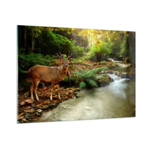 Quadro su vetro - Un cervo vicino a un ruscello in una foresta illuminata dal sole - 100x70cm - Benvenuto nel mio mondo - Decorazione murale moderna per soggiorno e camera da letto ARTTOR