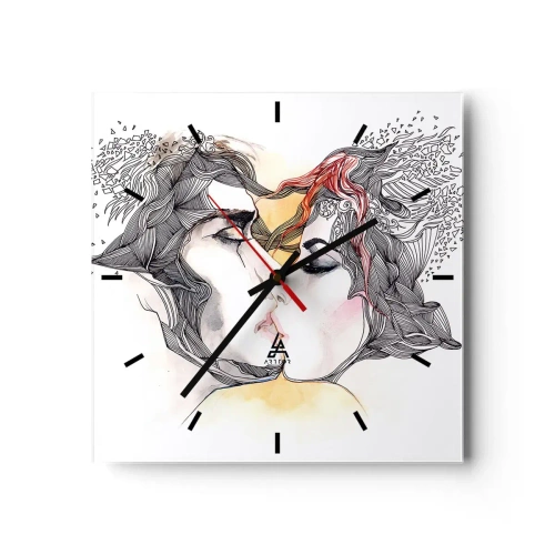 Orologio da parete - Orologio in Vetro - Ritratto artistico di una coppia con motivi astratti sui capelli - 30x30cm - E il mondo scompare - Decorazione murale moderna per soggiorno e camera da letto ARTTOR