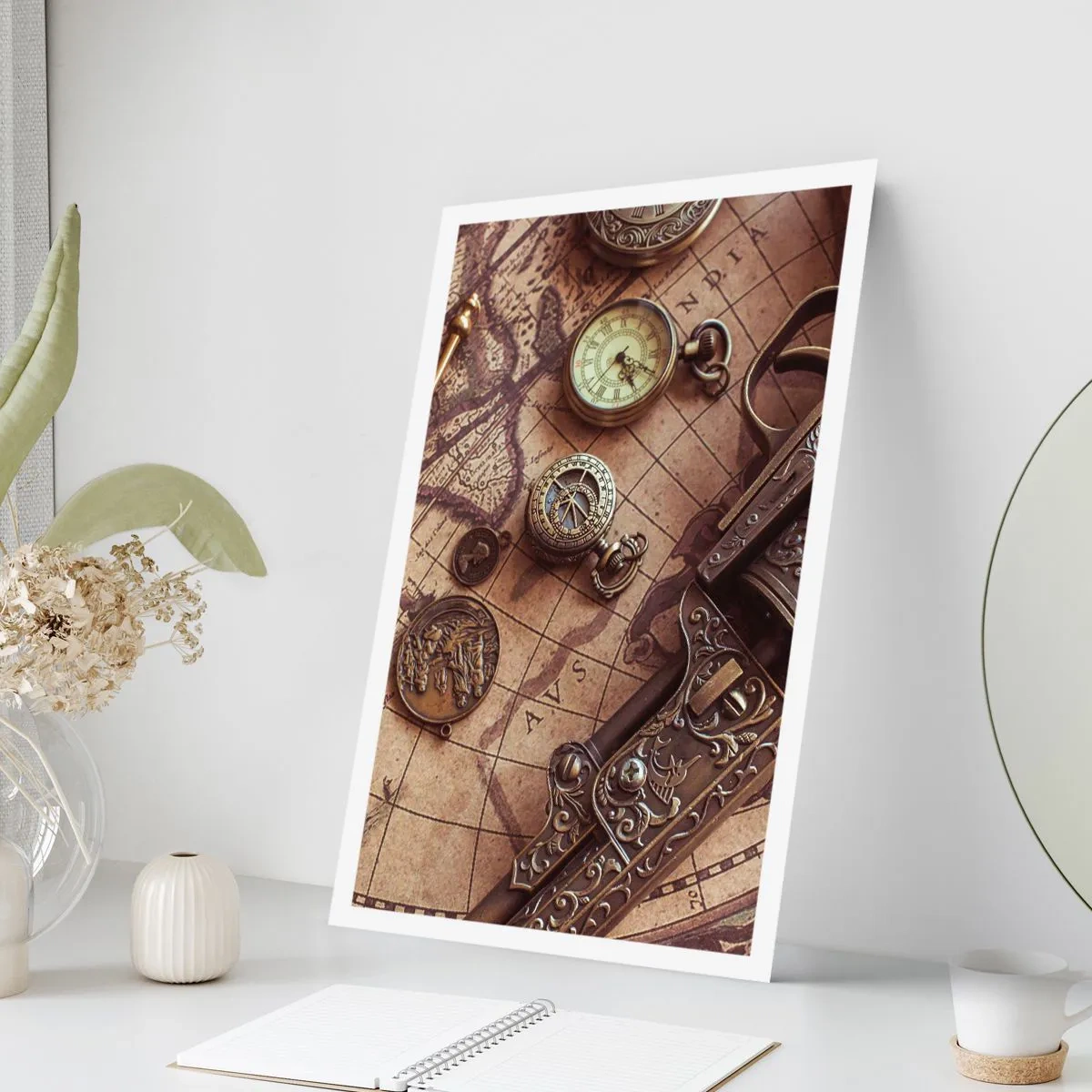 Poster - Una bussola, una mappa e oggetti antichi che simboleggiano l'avventura - 50x70cm - La natura chiama - Decorazione murale moderna per soggiorno e camera da letto ARTTOR