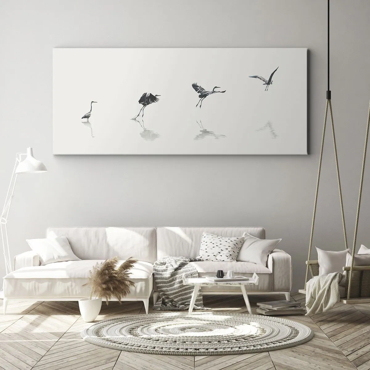 Quadro su tela - Stampe su Tela - Quattro sagome di uccelli riflesse nell'acqua calma - 120x50cm - Quattro semplici passi - Decorazione murale moderna per soggiorno e camera da letto ARTTOR