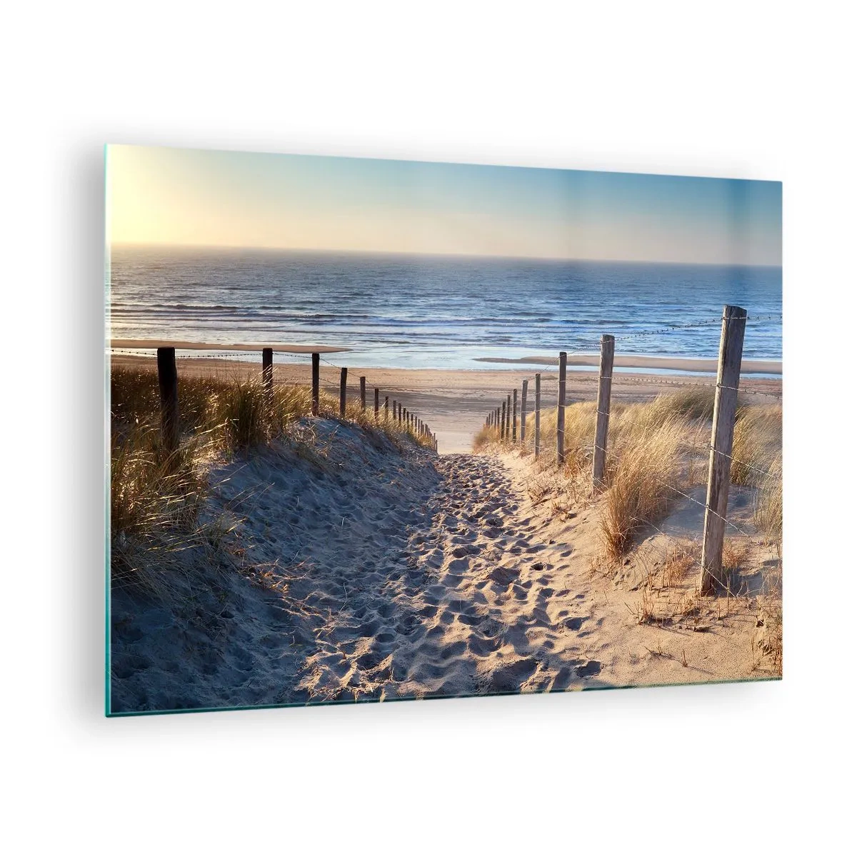 Quadro su vetro - Un sentiero tra le dune che conduce ad una spiaggia con mare calmo - 70x50cm - Rumore del mare, uccelli che cantano, spiaggia selvatica tra i cespugli... - Decorazione murale moderna per soggiorno e camera da letto ARTTOR