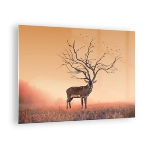 Quadro su vetro - Illustrazione di un cervo con un albero come corna - 70x50cm - L'Antico Cervo, eterno spirito del bosco - Decorazione murale moderna per soggiorno e camera da letto ARTTOR
