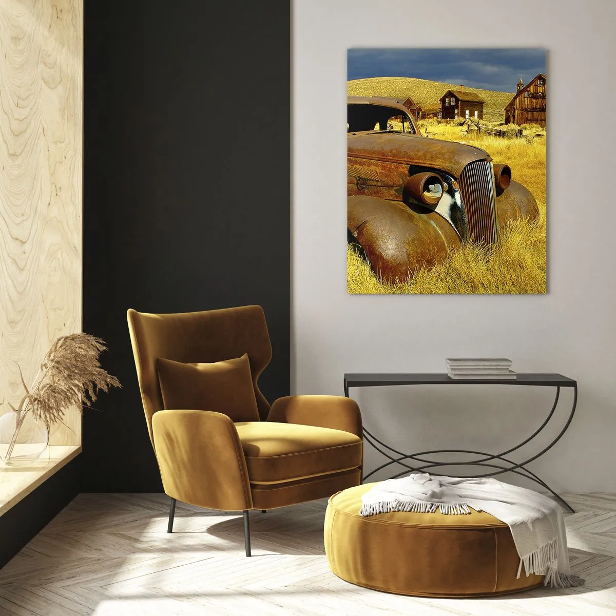Quadro su vetro - Un'auto d'epoca sullo sfondo di un villaggio deserto - 50x70cm - Meritato riposo - Decorazione murale moderna per soggiorno e camera da letto ARTTOR