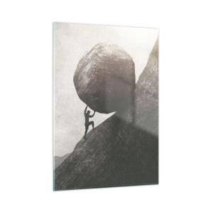 Quadro su vetro - Una figura che spinge un masso in salita contro un paesaggio montuoso - 50x70cm - Credo contro ogni speranza - Decorazione murale moderna per soggiorno e camera da letto ARTTOR