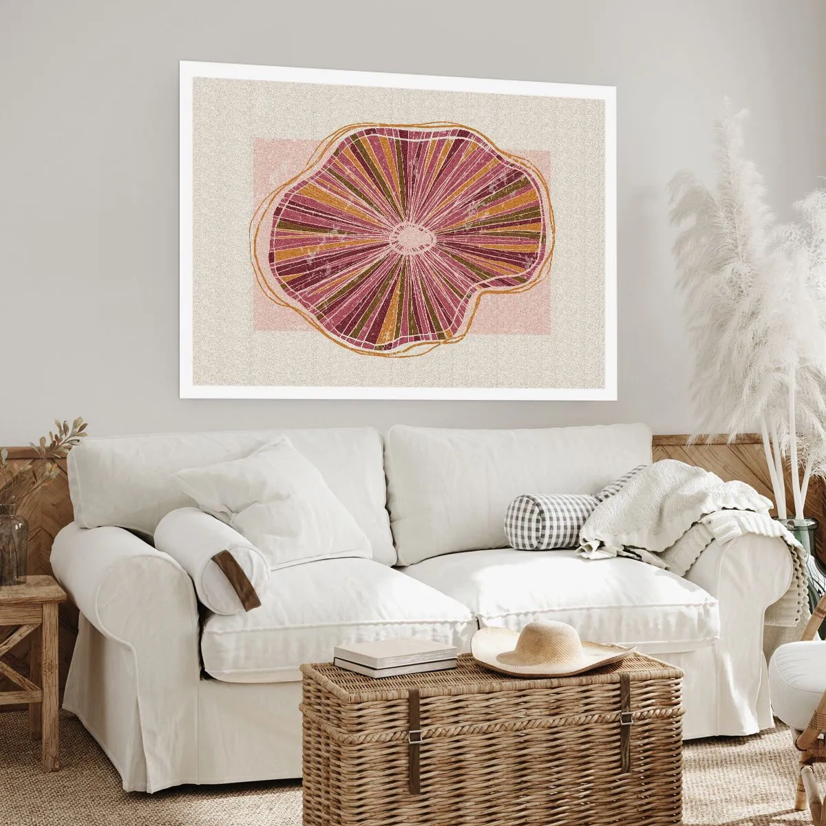 Poster - Motivo astratto a fette di albero in tonalità rosa - 100x70cm - Astrazione raggiante - Decorazione murale moderna per soggiorno e camera da letto ARTTOR