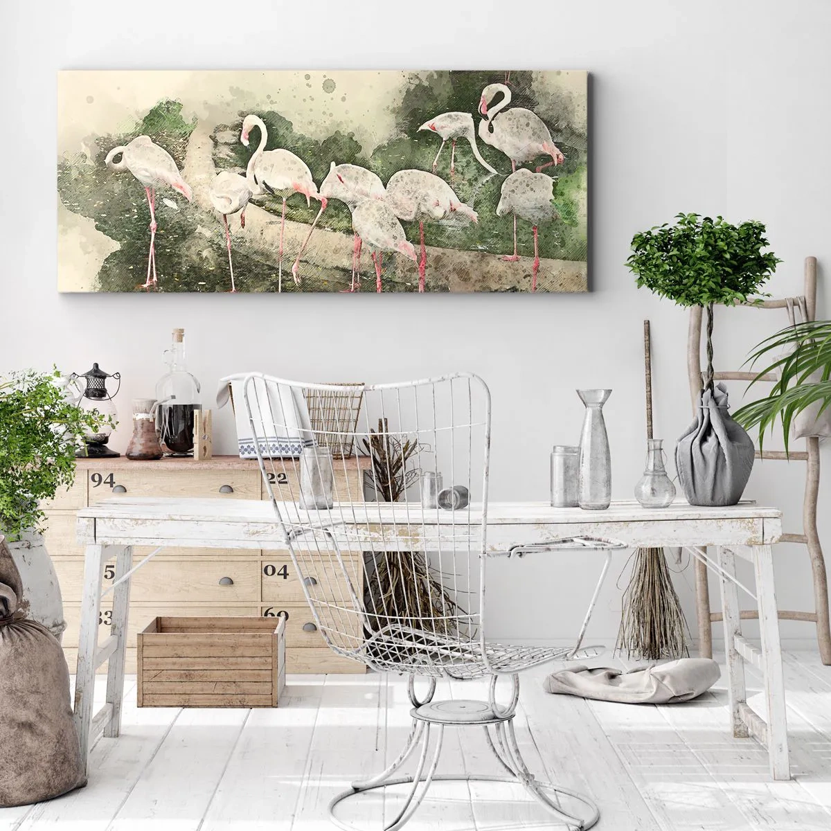 Quadro su tela - Stampe su Tela - Fenicotteri nel loro ambiente naturale in stile acquerello - 160x50cm - Sogno esotico - Decorazione murale moderna per soggiorno e camera da letto ARTTOR
