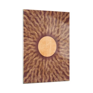 Quadro su vetro - Un sole stilizzato con raggi a forma di linee ondulate su uno sfondo marrone. - 50x70cm - L'icona del sole - Decorazione murale moderna per soggiorno e camera da letto ARTTOR