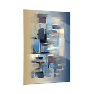 Quadro su vetro - Pennellate geometriche nei toni del blu e del beige - 50x70cm - Struttura blu - Decorazione murale moderna per soggiorno e camera da letto ARTTOR