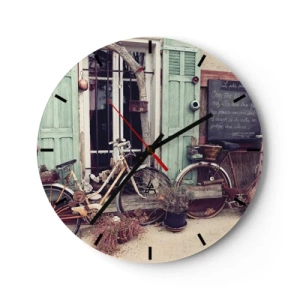 Orologio da parete - Orologio in Vetro - Biciclette retrò davanti alle persiane verdi - 30x30cm - Evviva la provincia - Decorazione murale moderna per soggiorno, cucina e camera da letto ARTTOR