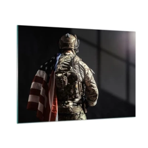 Quadro su vetro - Un soldato con una bandiera americana su uno sfondo scuro - 100x70cm - Proprio per questo - Decorazione murale moderna per soggiorno e camera da letto ARTTOR