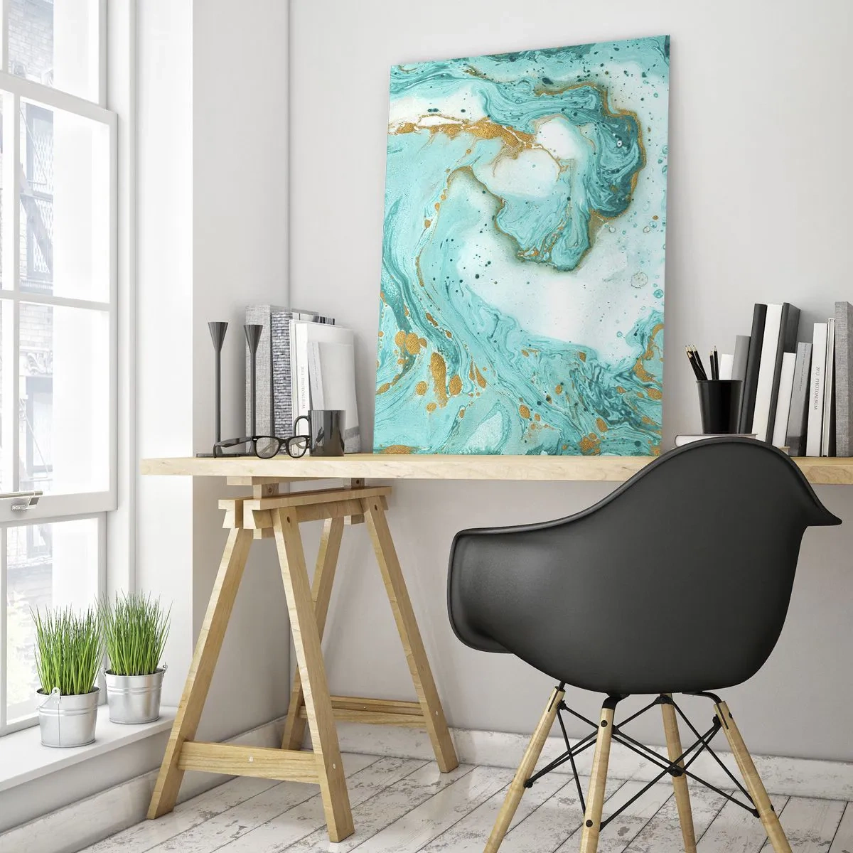 Quadro su vetro - Marmo turchese con accenti dorati in una composizione astratta - 70x100cm - La grande onda del periodo Edo - Decorazione murale moderna per soggiorno e camera da letto ARTTOR