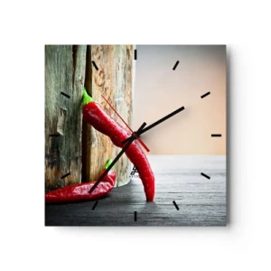 Orologio da parete - Orologio in Vetro - Due peperoncini rossi su uno sfondo di legno con un accento rustico - 30x30cm - Red hot chili peppers - Decorazione murale moderna per soggiorno e camera da letto ARTTOR