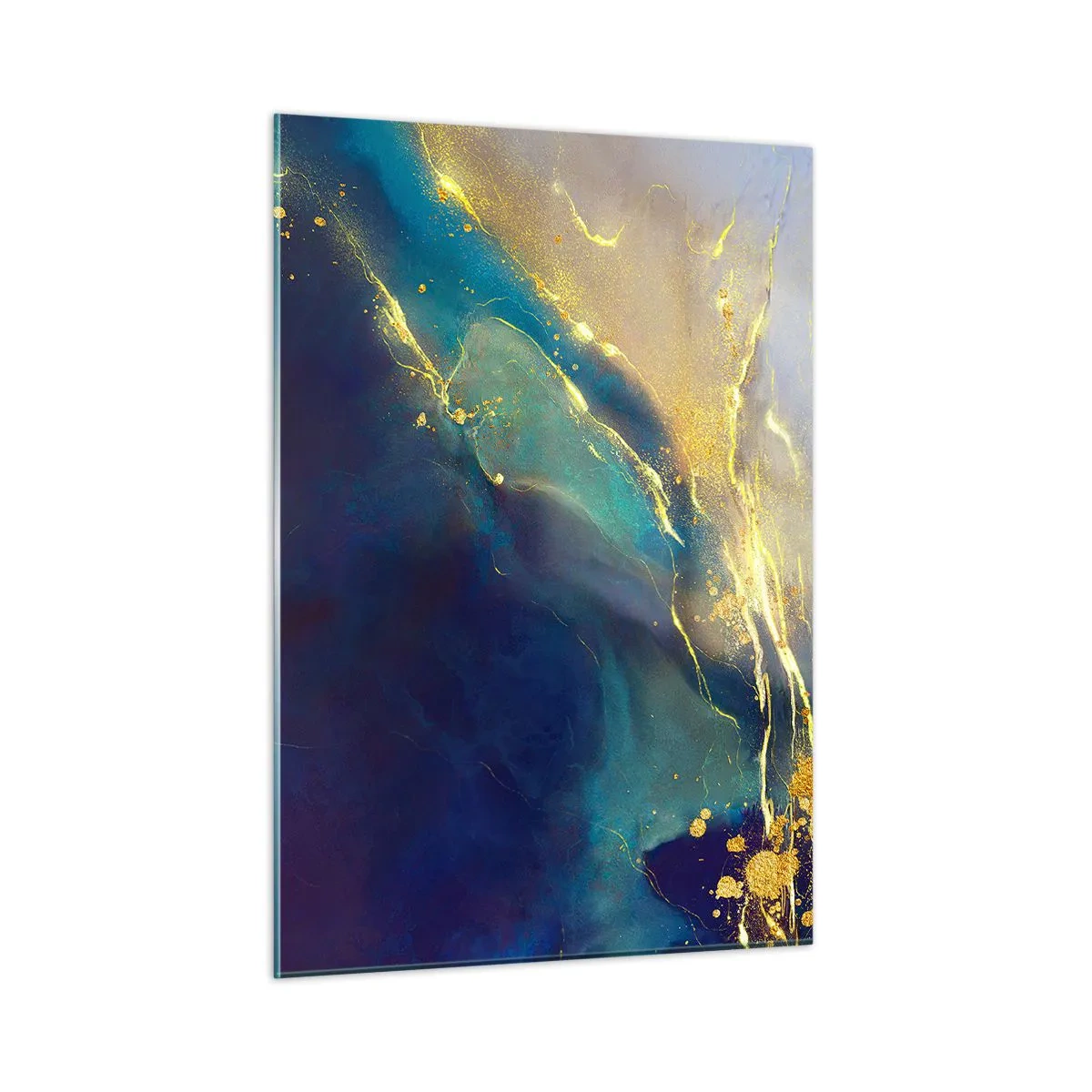 Quadro su vetro - Una composizione astratta nei toni del blu navy, turchese e oro - 50x70cm - La palude dorata - Decorazione murale moderna per soggiorno e camera da letto ARTTOR