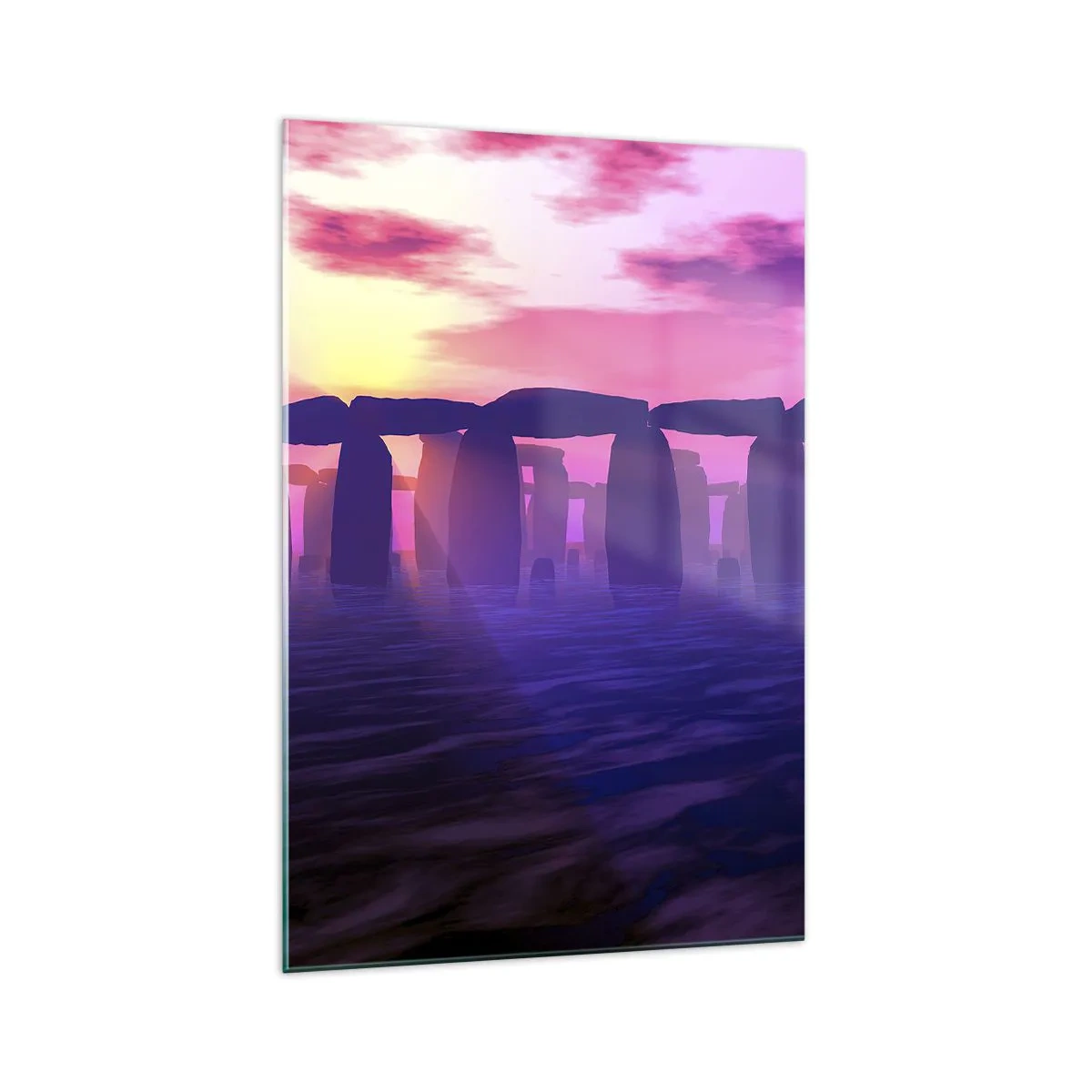 Quadro su vetro - Cerchio di pietre al tramonto con cielo viola - 70x100cm - Mistero in un'alba nebbiosa - Decorazione murale moderna per soggiorno e camera da letto ARTTOR