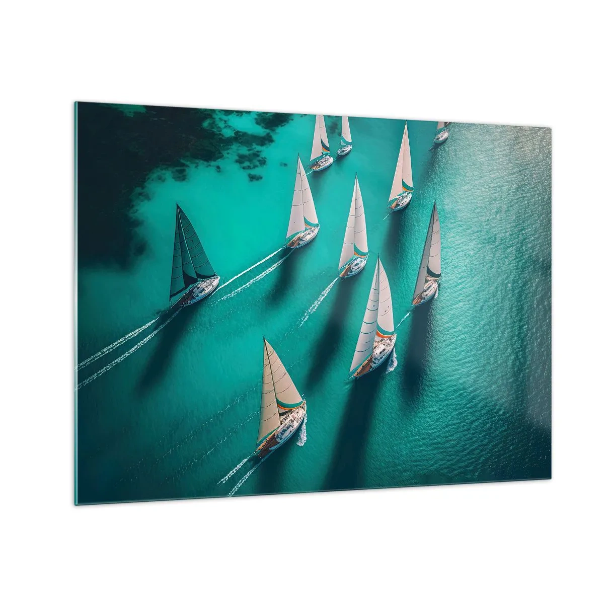 Quadro su vetro - Barche a vela su acque turchesi catturate da una vista a volo d'uccello - 70x50cm - In gara con il vento - Decorazione murale moderna per soggiorno e camera da letto ARTTOR