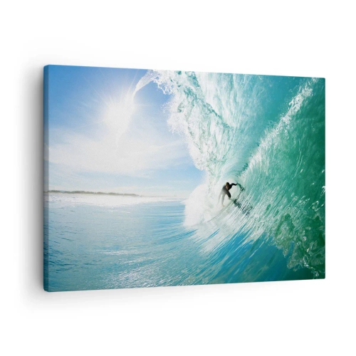 Quadro su tela - Stampe su Tela - Un surfista cavalca un'onda alla luce del sole contro un cielo blu - 70x50cm - Sempre sull'onda - Decorazione murale moderna per soggiorno e camera da letto ARTTOR