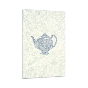 Quadro su vetro - Disegno decorativo di una teiera con ornamenti blu - 70x100cm - Magia del tè - Decorazione murale moderna per soggiorno e camera da letto ARTTOR