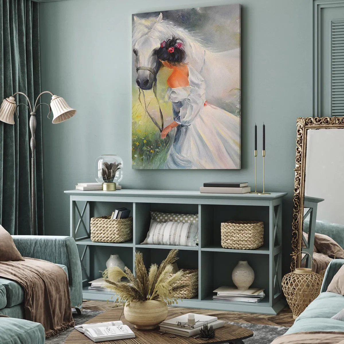 Quadro su tela - Stampe su Tela - Una donna con un cavallo bianco in un ambiente pittoresco - 50x70cm - Come in un bel sogno - Decorazione murale moderna per soggiorno e camera da letto ARTTOR