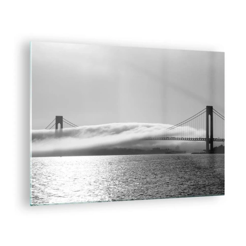 Quadro su vetro - Un ponte in bianco e nero con nebbia sull'acqua - 70x50cm - Navigare attraverso la Porta d'Oro - Decorazione murale moderna per soggiorno e camera da letto ARTTOR