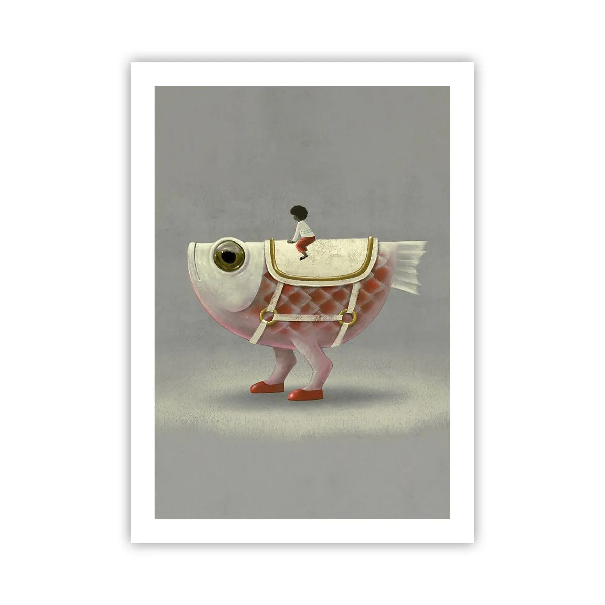 Poster - Un pesce fantasy con una sella e una figura su uno sfondo grigio - 50x70cm - Il cavaliere del pesce - Decorazione murale moderna per soggiorno e camera da letto ARTTOR