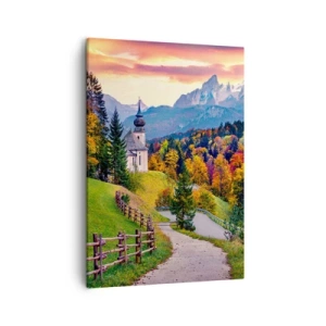 Quadro su tela - Stampe su Tela - Paesaggio montano autunnale con cappella e tramonto - 50x70cm - Un paesaggio come dipinto - Decorazione murale moderna per soggiorno e camera da letto ARTTOR