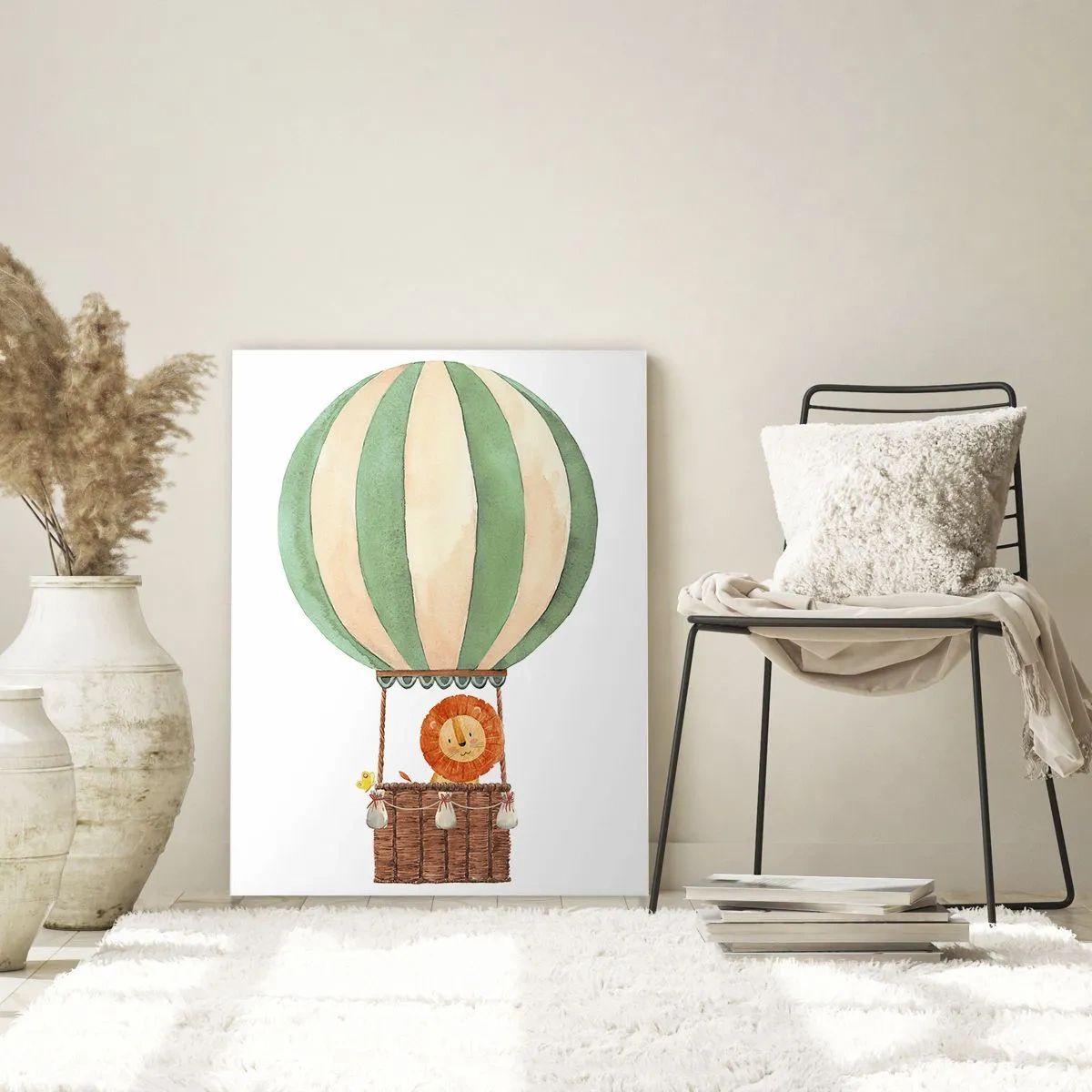 Quadro su vetro - Un leone in un cesto di palloncini che galleggia su uno sfondo bianco - 50x70cm - I viaggi del leone - Decorazione murale moderna per soggiorno e camera da letto ARTTOR