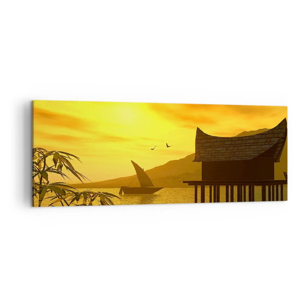 Quadro su tela - Stampe su Tela - Tramonto tropicale sull'acqua con casa in legno su palafitte. - 140x50cm - Calma desiderata - Decorazione murale moderna per soggiorno e camera da letto ARTTOR