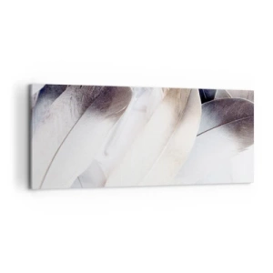 Quadro su tela - Stampe su Tela - Primo piano di piume delicate nelle tonalità del bianco e del grigio - 120x50cm - Quasi angeliche - Decorazione murale moderna per soggiorno e camera da letto ARTTOR