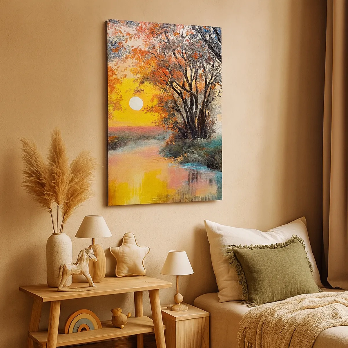 Quadro su tela - Stampe su Tela - Tramonto sul fiume in un paesaggio autunnale - 50x70cm - Atmosfera autunnale - Decorazione murale moderna per soggiorno e camera da letto ARTTOR