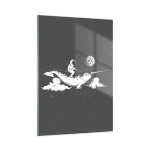 Quadro su vetro - Astronauta che cavalca un narvalo in un ambiente spaziale - 50x70cm - Il cavaliere dello spazio - Decorazione murale moderna per soggiorno e camera da letto ARTTOR