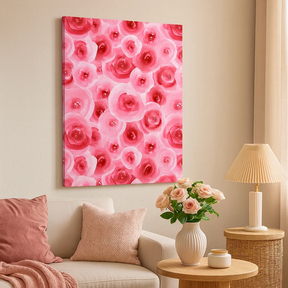 Quadro su tela - Stampe su Tela - Delicate rose nelle tonalità pastello del rosa - 50x70cm - Rose in alto e in basso - Decorazione murale moderna per soggiorno e camera da letto ARTTOR