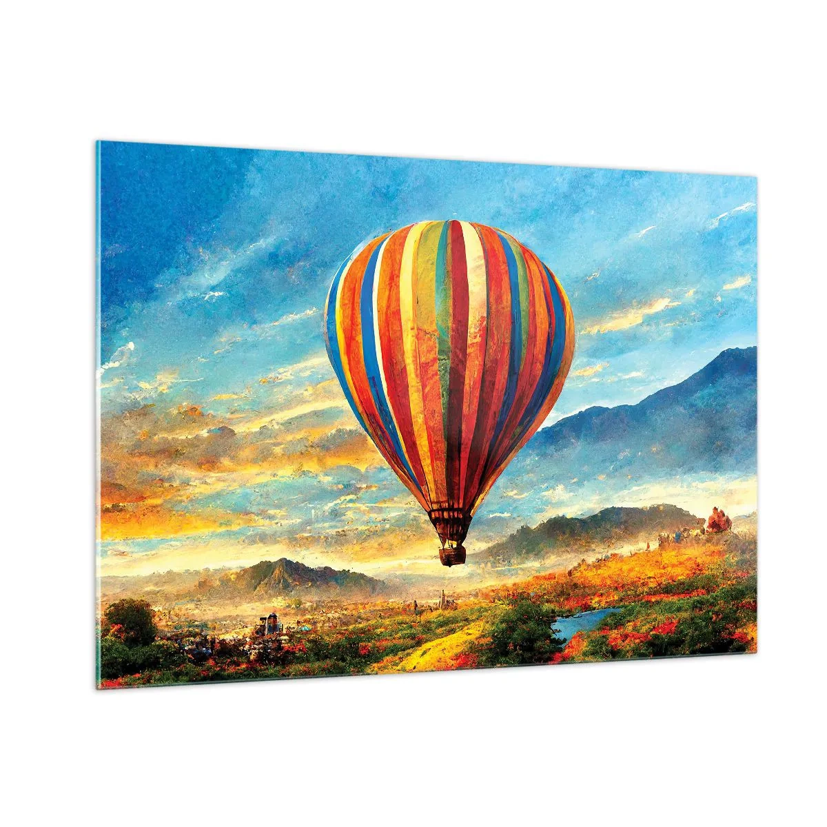 Quadro su vetro - Un palloncino colorato che fluttua sopra un paesaggio montano - 100x70cm - Nel silenzio si vede meglio - Decorazione murale moderna per soggiorno e camera da letto ARTTOR