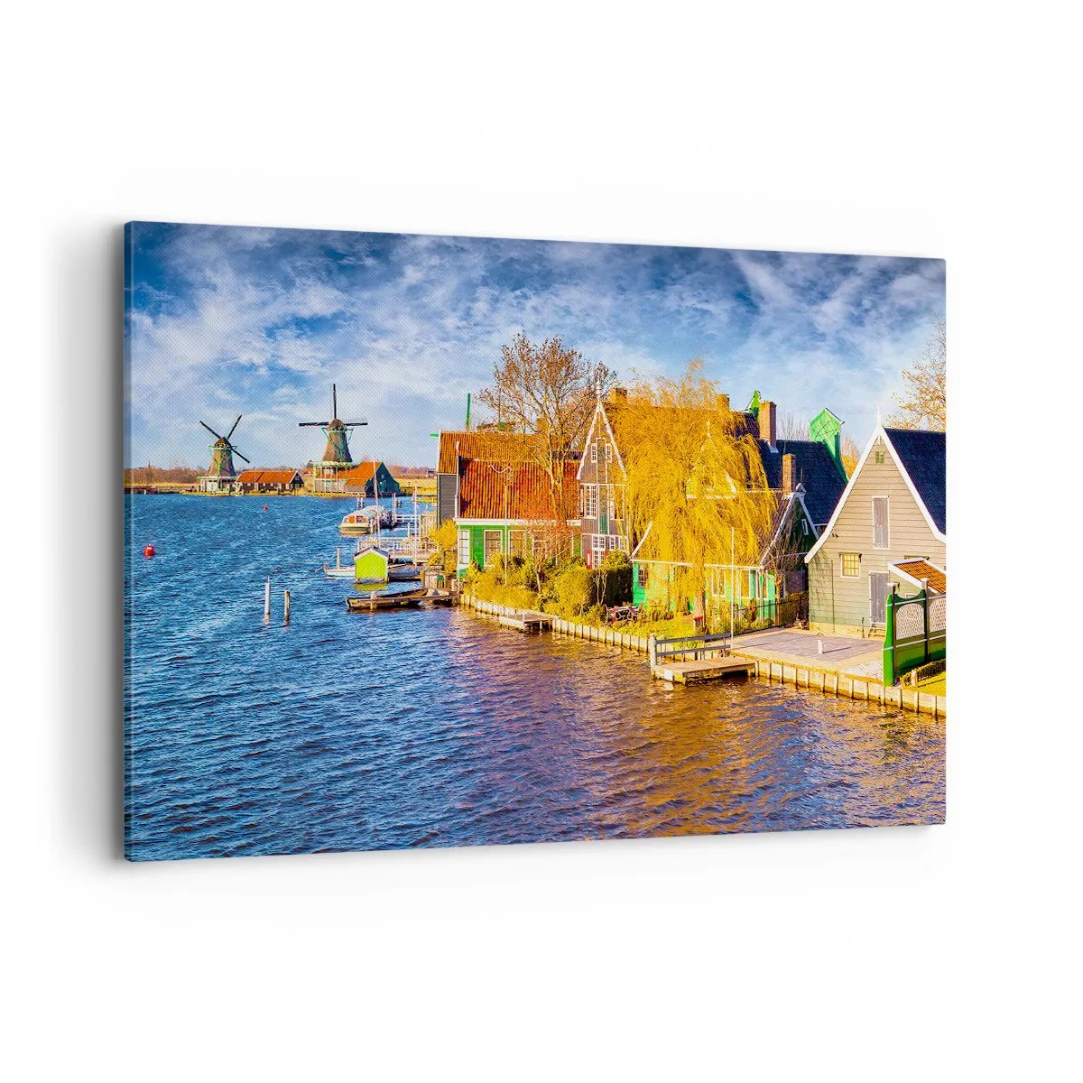 Quadro su tela - Stampe su Tela - Case pittoresche e mulini a vento in riva all'acqua - 120x80cm - Da secoli immutabile - Decorazione murale moderna per soggiorno e camera da letto ARTTOR