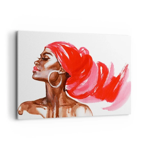 Quadro su tela - Stampe su Tela - Profilo di una donna con turbante rosso e orecchini - 100x70cm - C'è un vento che allarga le narici dell'uomo - Decorazione murale moderna per soggiorno e camera da letto ARTTOR