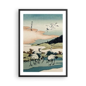 Poster in cornice nera - Opera d'arte tradizionale giapponese raffigurante gru in un paesaggio naturale - 50x70cm - Nello spirito giapponese - Decorazione murale moderna per soggiorno e camera da letto ARTTOR